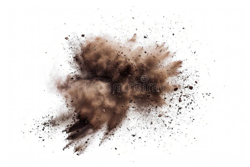 Dynamic abstract of dirt clouds and flying particles, creating a soft explosion on white. royalty free stock photography