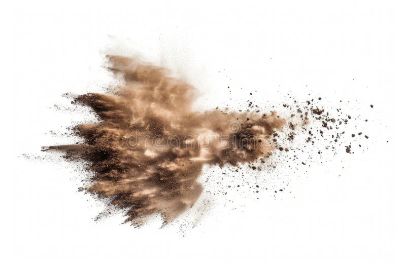 Dynamic abstract of dirt clouds and flying particles, creating a soft explosion on white. stock photo