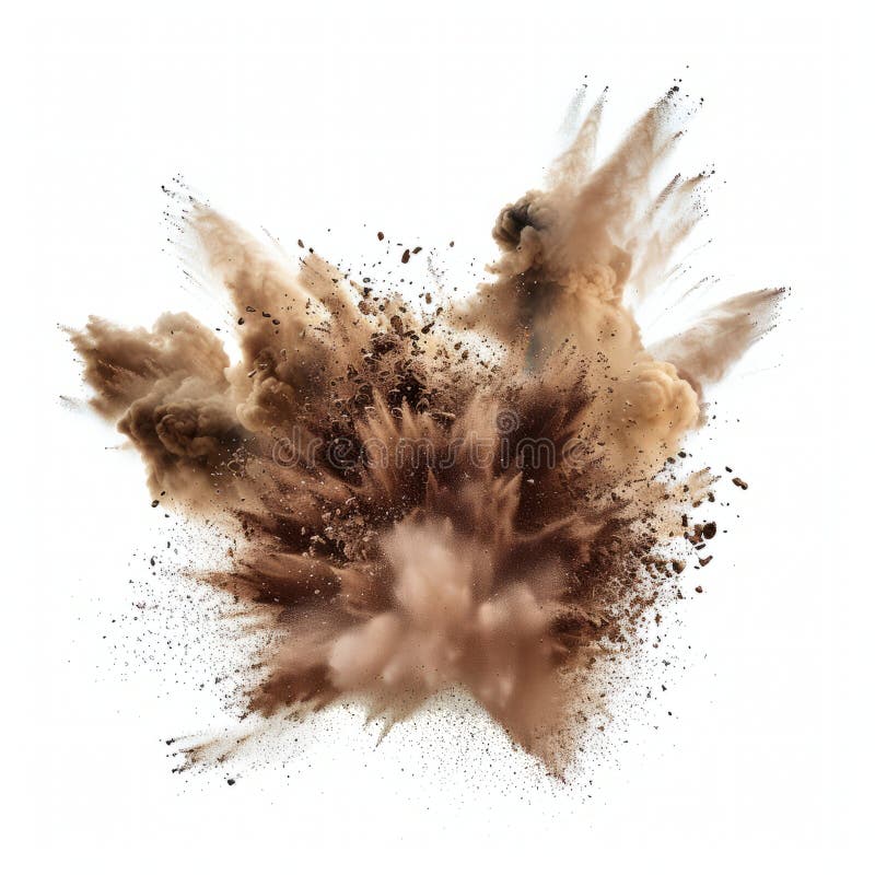 Dynamic abstract of dirt clouds and flying particles, creating a soft explosion on white. royalty free stock photos