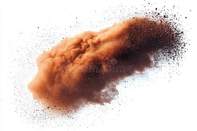 Dynamic abstract of dirt clouds and flying particles, creating a soft explosion on white. stock photo