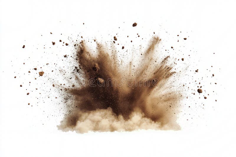 Dynamic abstract of dirt clouds and flying particles, creating a soft explosion on white. royalty free stock photography
