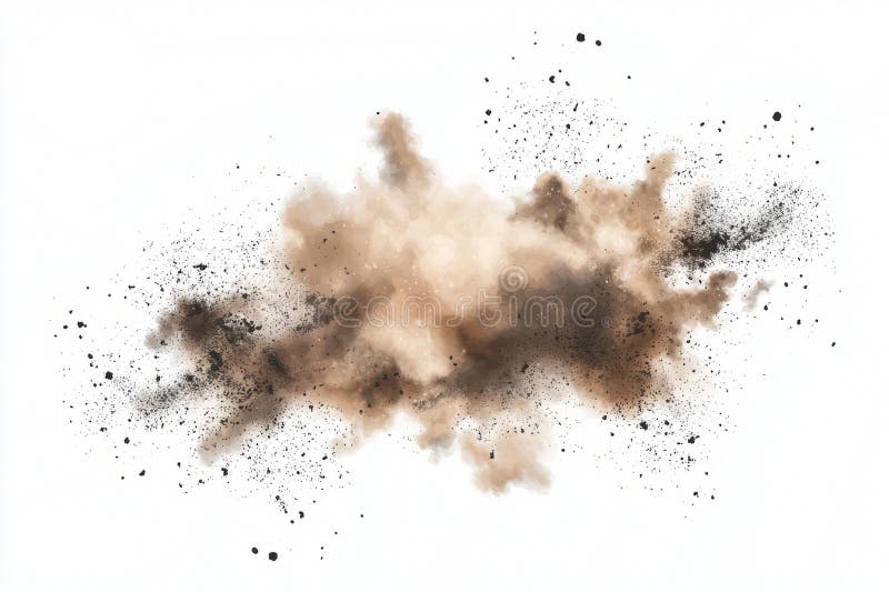 Dynamic abstract of dirt clouds and flying particles, creating a soft explosion on white. royalty free stock photography