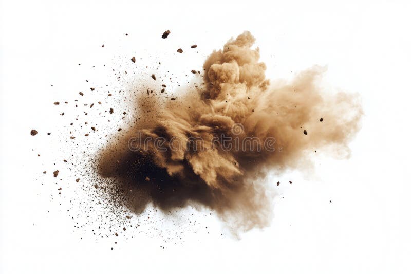 Dynamic abstract of dirt clouds and flying particles, creating a soft explosion on white. stock images