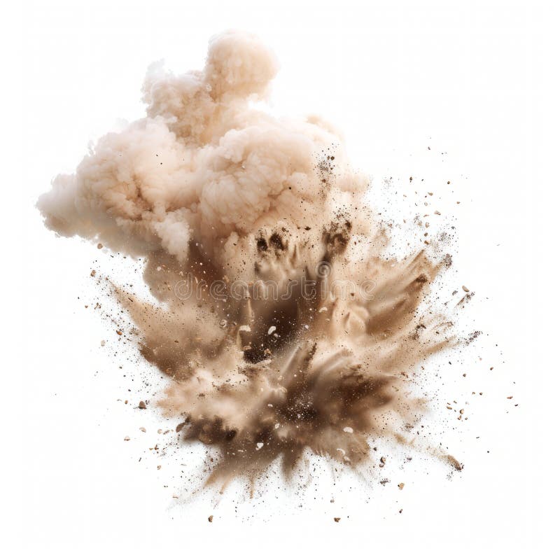 Dynamic abstract of dirt clouds and flying particles, creating a soft explosion on white. royalty free stock image