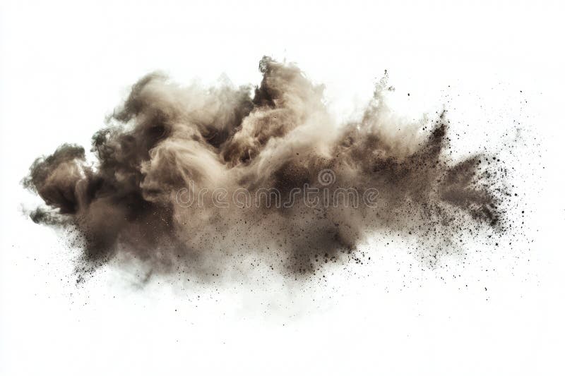 Dynamic abstract of dirt clouds and flying particles, creating a soft explosion on white. stock photo