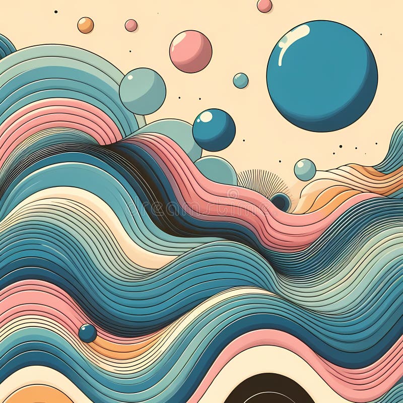Dynamic abstract Illustration with Colorful Waves and Floating Spheres stock illustration