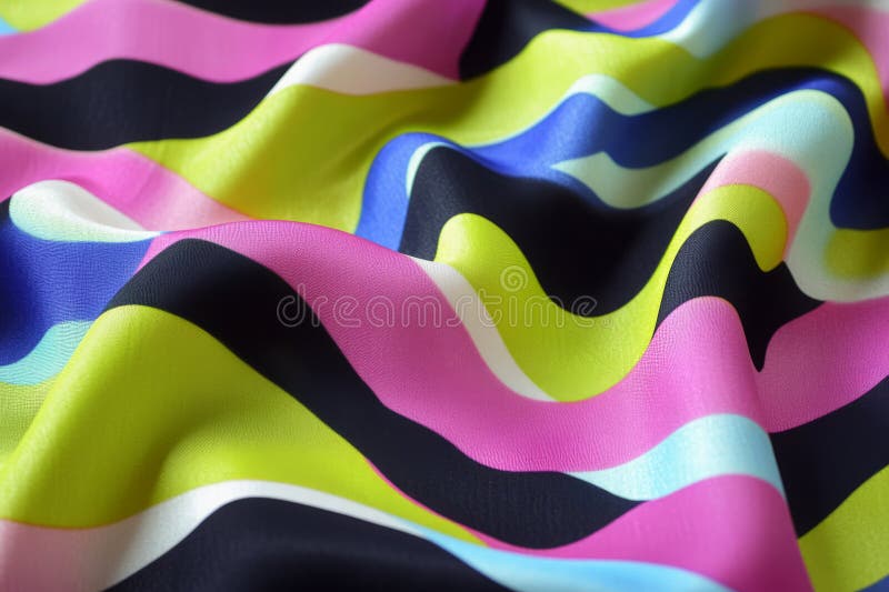 A dynamic abstract pattern of wavy, irregular stripes in a mix of bold neon and pastel colors stock image