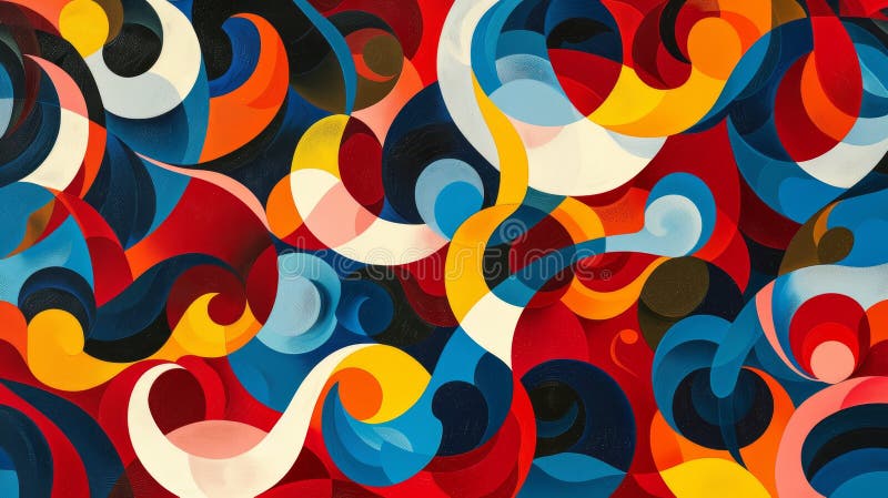 Dynamic abstract shapes in bold red, blue, and yellow palette interlock in vibrant composition royalty free illustration