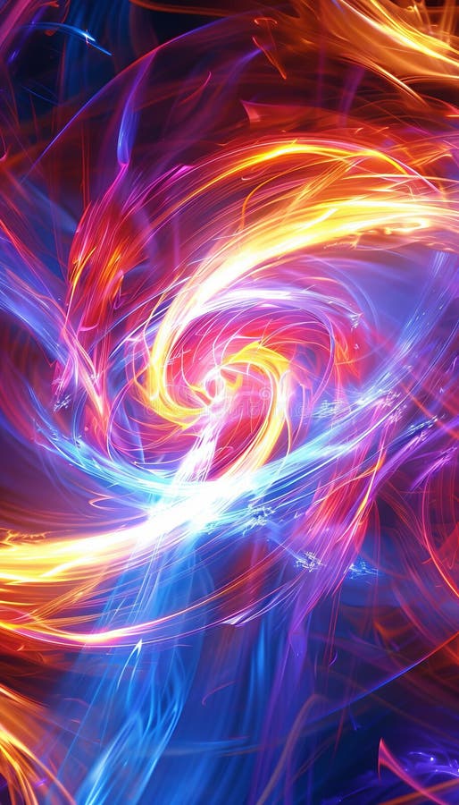 Dynamic abstract vortex of light swirling energy with glowing edges in a vibrant background stock illustration
