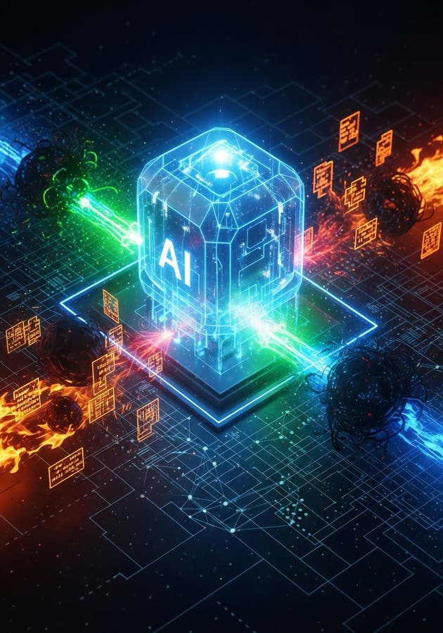 A dynamic illustration featuring a glowing blue digital cube with the AI designation at its core, acting as a central processing unit for cyber defense. Beams of light, symbolizing data and protection, emanate from the cube, countering shadowy, corrupted data elements with glowing blue, orange and green trails, all set against an intricate dark circuit board background. This image powerfully conveys concepts of cybersecurity, data protection, artificial intelligence combating threats, and digital defense. image. Shield artificial intelligence stock images, royalty-free photos and pictures