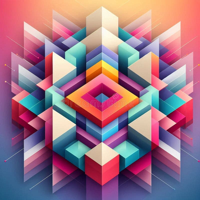 Dynamic arrangement of colorful squares in an abstract geometric design stock illustration