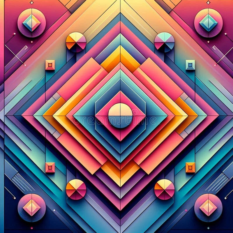 Dynamic arrangement of colorful squares in an abstract geometric design stock illustration
