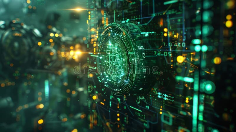 Dynamic bitcoin exchange banner with futuristic digital elements and trading graphs stock illustration