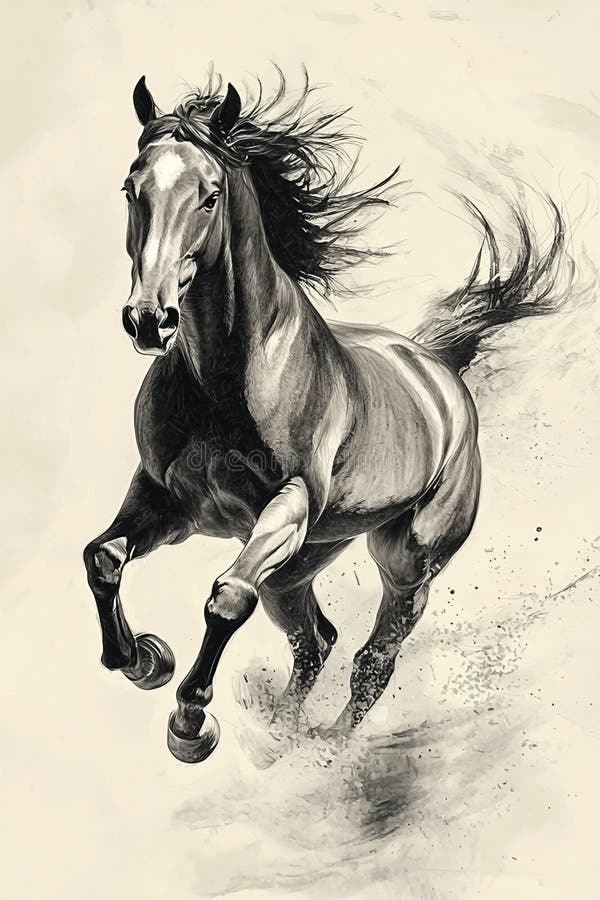 Dynamic Black and White Sketch of a Galloping Horse Stock Illustration