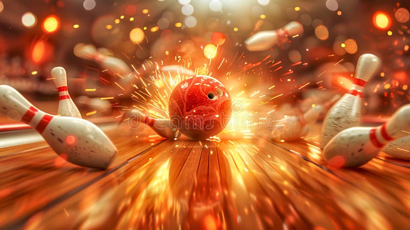 Scena de bowling dinamică cu bila de bowling roșie și pinii împrăștiați capturați într-un stil vibrant și energic royalty free stock photography
