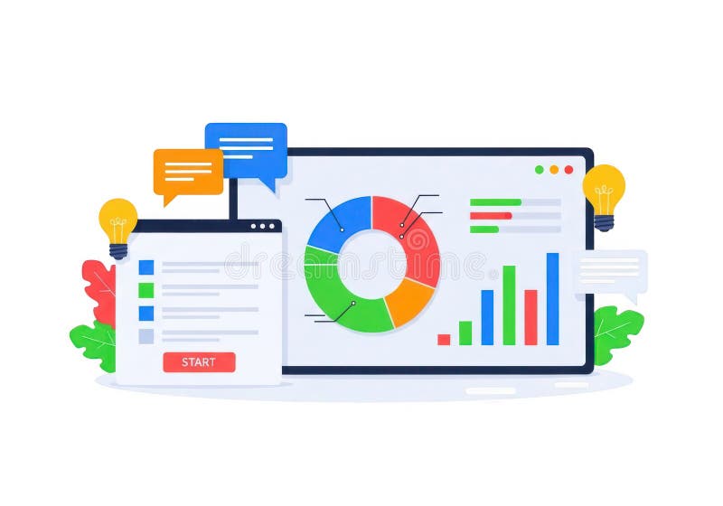 Dynamic business dashboard showing growth charts and idea generation stock illustration