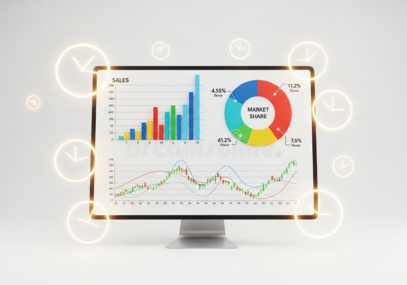 Dynamic business growth visualized with charts and market share on screen stock illustration