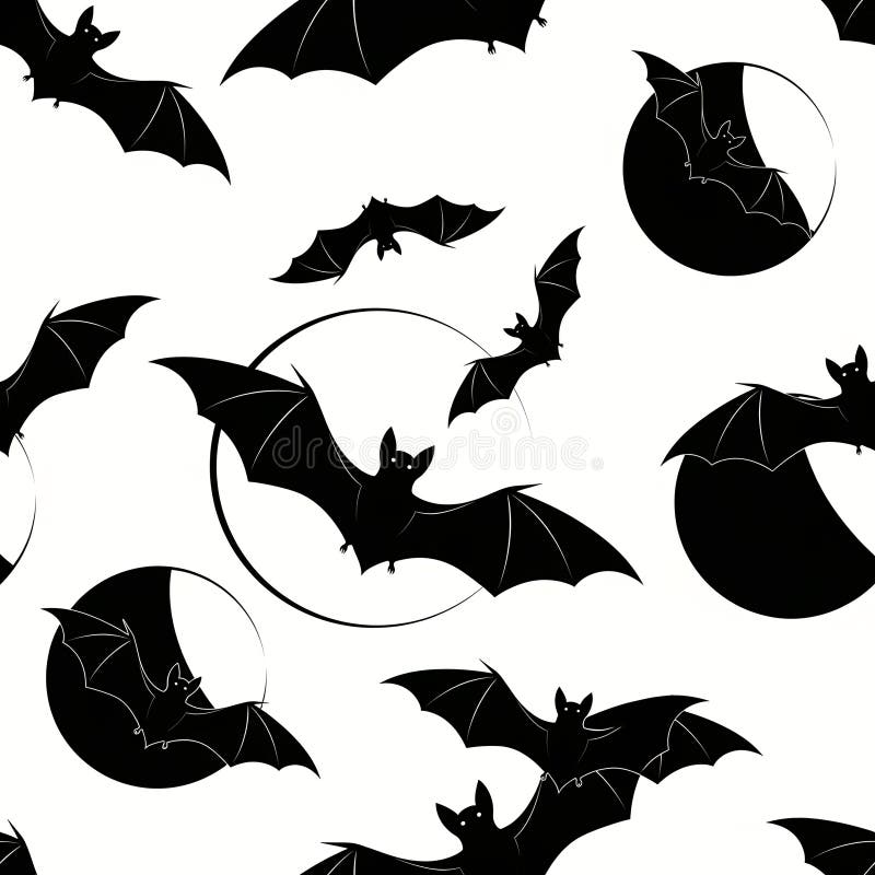 Dynamic and captivating seamless pattern featuring an array of black bat silhouettes in various flying poses and sizes vector illustration