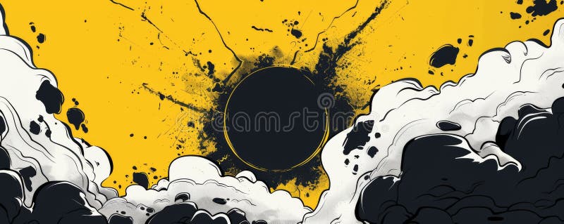 Dynamic cartoon comic book style dark circular explosion with yellow background stock photography