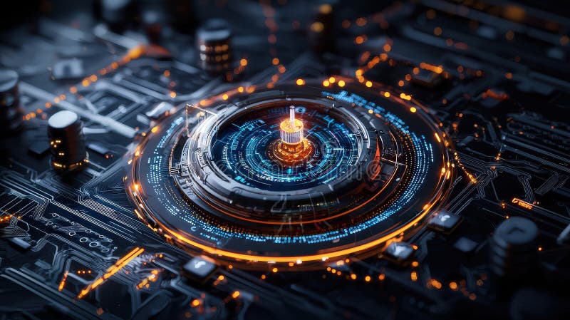 Dynamic circuit design action technology hub digital art futuristic environment close-up view innovation concept vector illustration