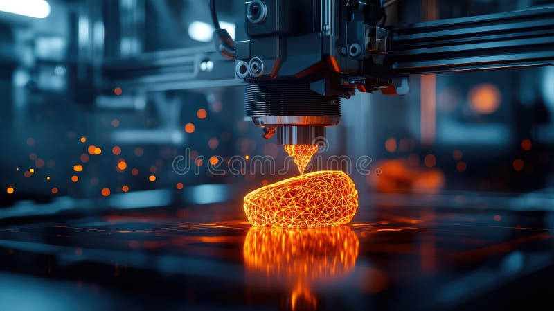 A dynamic close-up of a 3D printer creating a glowing orange object, showcasing advanced technology and innovation vector illustration