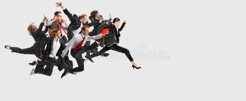 Dynamic collage. Group of office workers wearing formal attire holding office items and running, hurry up at work in royalty free stock images