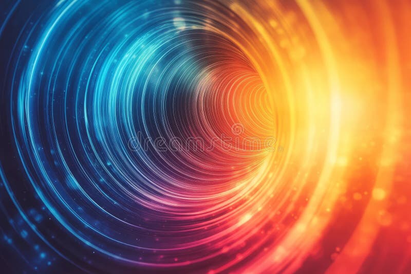 A dynamic, colorful abstract background with concentric circles of radiant light. The glowing stock photos