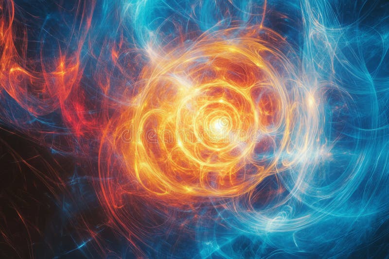 A dynamic, colorful abstract background with concentric circles of radiant light. The glowing stock photography