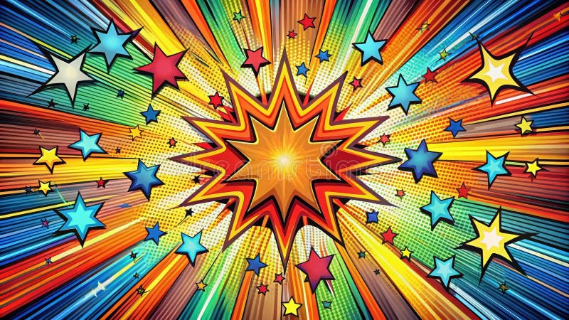 Dynamic comic book explosion with vibrant stars and rays. Generative AI stock illustration