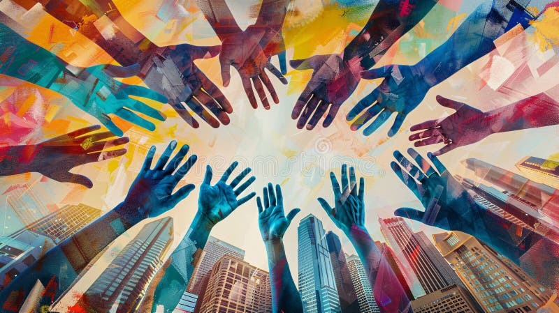 Dynamic composition featuring diverse hands joined in solidarity, floating above a corporate skyline, highlighting inclusivity royalty free illustration