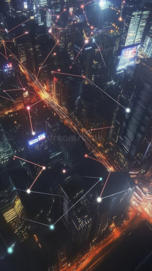 Connected cityscape with illuminated digital networks royalty free stock images