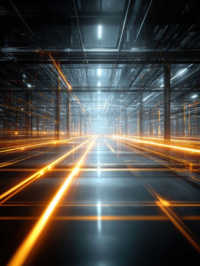 Futuristic Corridor With Glowing Lines and Reflective Surfaces Creating a Vibrant Atmosphere in a Modern Space royalty free stock photography