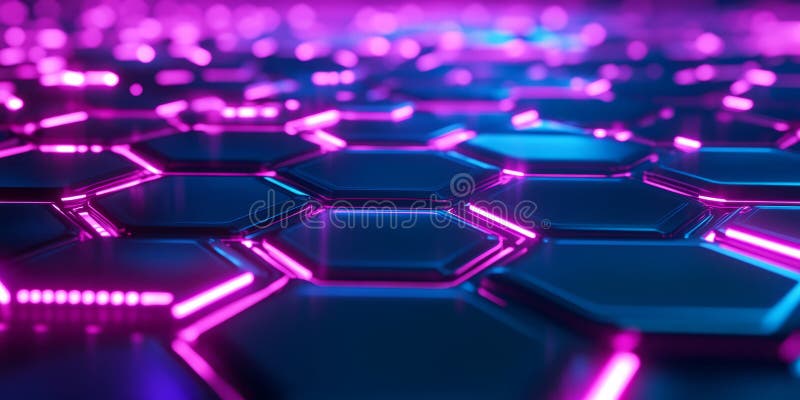 A dynamic 3D abstract background displaying floating, interconnected hexagons with neon edges. The royalty free stock photo