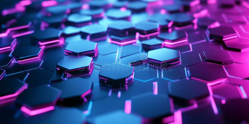 A dynamic 3D abstract background displaying floating, interconnected hexagons with neon edges. The stock photography