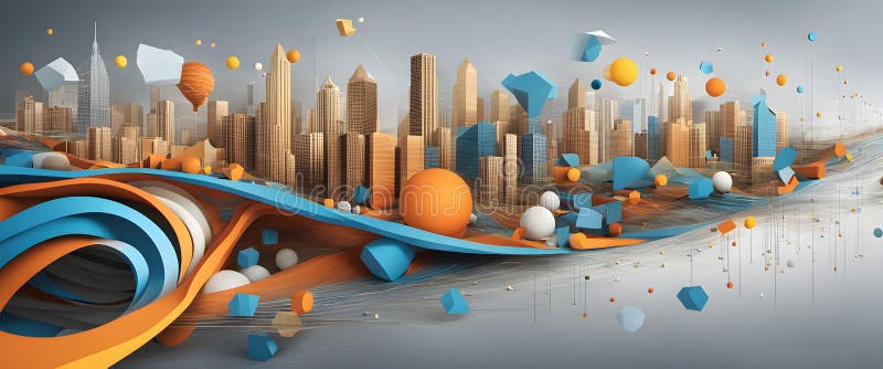 A dynamic, 3D abstract representation of a corporate landscape, intertwining various business concepts such as market analysis royalty free illustration