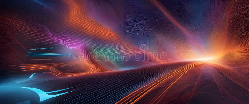 A dynamic 3D abstract representation of interconnected data flows and algorithms stock illustration
