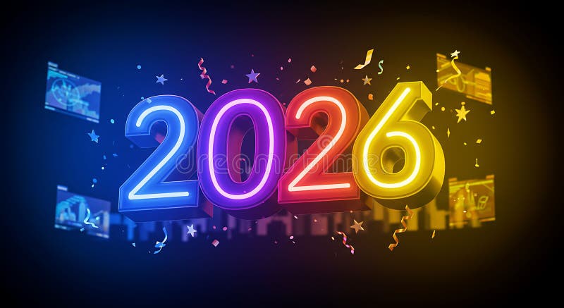 Futuristic Neon 2026 Numbers on a Dark Background stock illustration