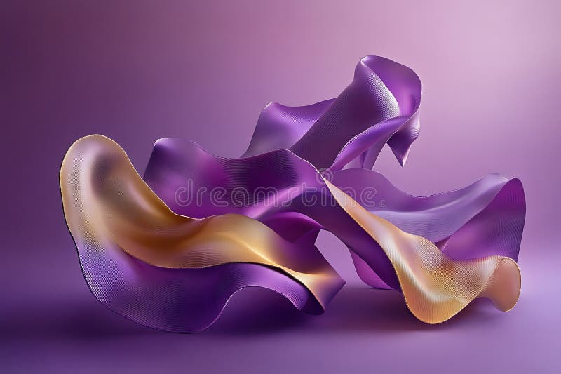 Dynamic 3D render of abstract purple and gold fabric flowing in elegant draped motion and soft folds vector illustration