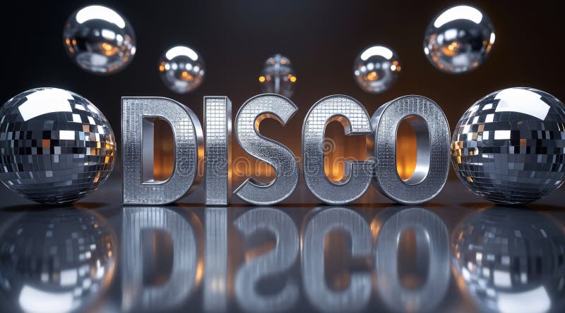 Silver Text of Disco Logo in Front of Mirror Balls - 3D Rendering Web Banner vector illustration