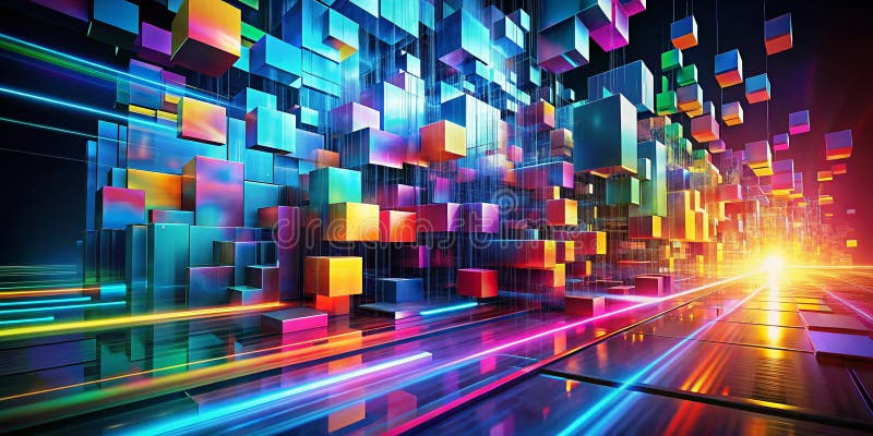 Dynamic Data Flow in a Futuristic Digital Landscape Abstract Tech Blocks Illustrate the Convergence of Information vector illustration