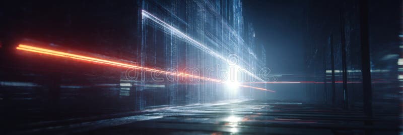 Dynamic Digital Corridor Illuminated by Vibrant Laser Beams in a Futuristic Environment With a Blend of Light and Shadow stock photos