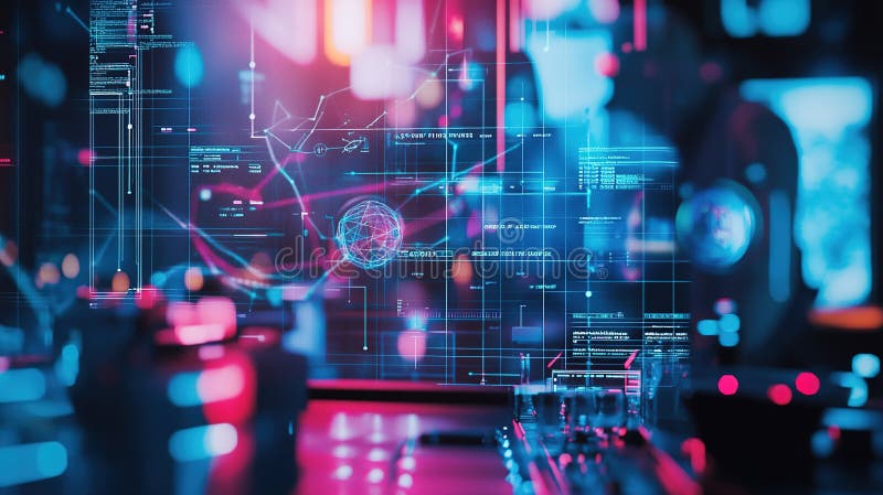 Dynamic digital interface showcasing data patterns and graphs in an advanced technological environment at night. A vibrant digital interface displays complex data patterns and graphs, illuminated by colorful lights in a high-tech setting, reflecting a futuristic atmosphere. AI generated