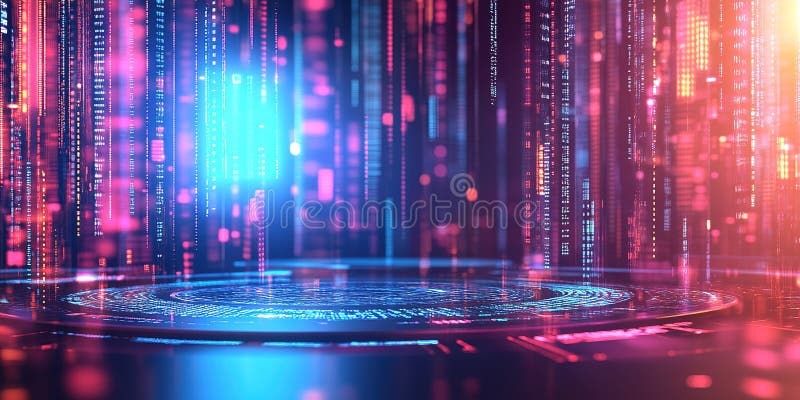 Dynamic digital landscape with vibrant light patterns showcasing data flow and technology trends stock illustration