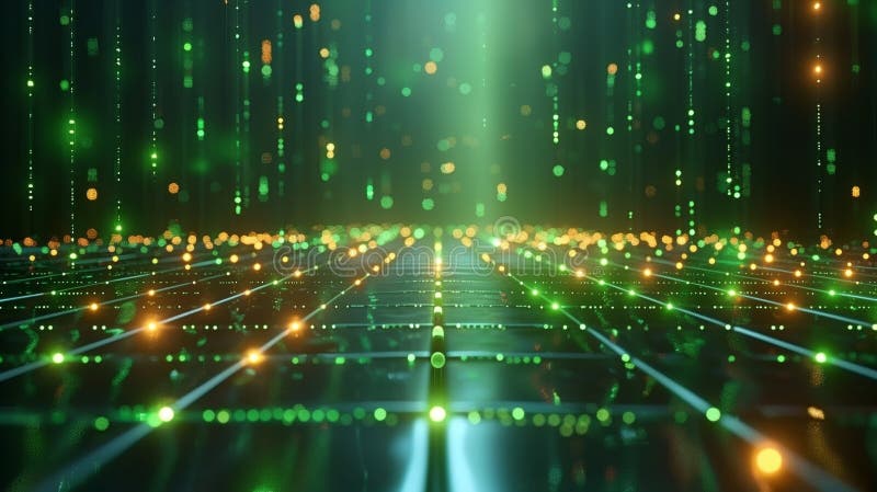 Dynamic digital matrix, green binary code flowing in cyberspace. Virtual reality, network of data, information technology. Cyber stock illustration