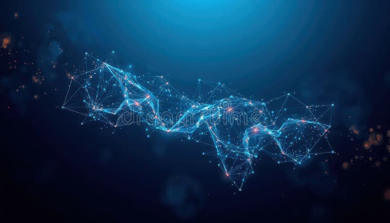 Dynamic digital network of interconnected points and lines forms abstract representation, glowing with blue and pink hues against stock photo