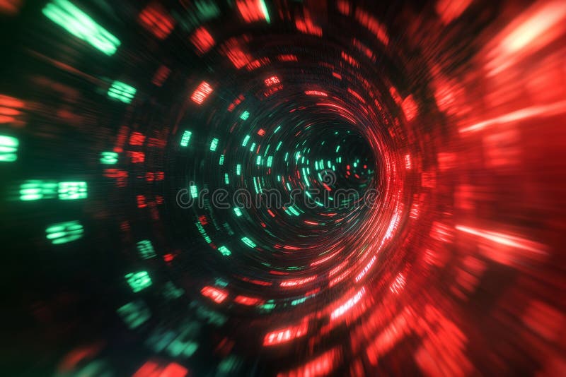 Dynamic digital storm visualizing real time stock market data trends and fluctuations through swirling patterns of red and green stock images