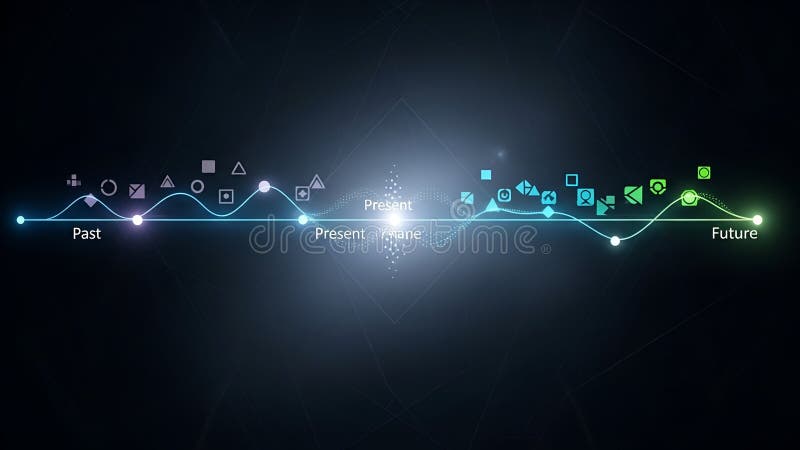 A vibrant digital timeline visualizes the journey from past to future, with a glowing wavy line connecting diverse technology icons on a dark, abstract background, symbolizing progress. Wavy timeline illustrations