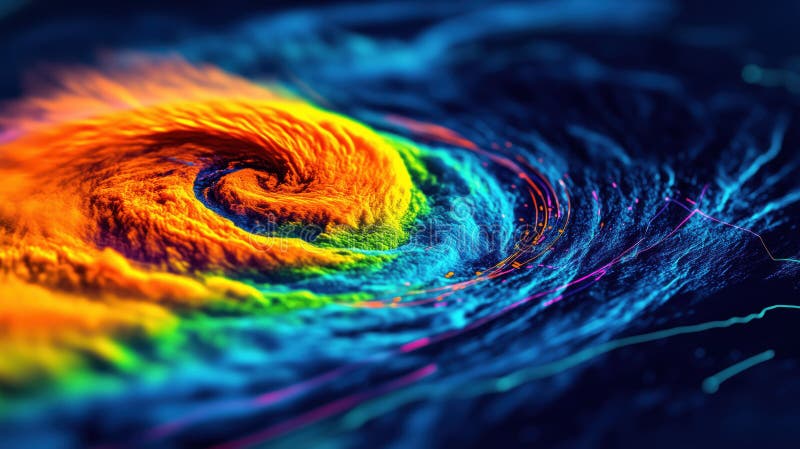 Dynamic digital visualization of hurricanes path, showcasing vibrant colors and swirling patterns stock illustration