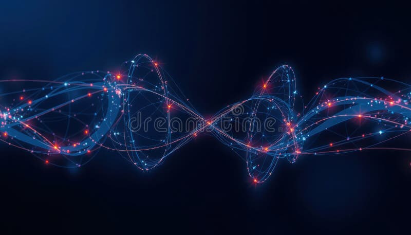 Dynamic digital wave of interconnected blue and red nodes forms abstract representation of data flow, symbolizing technology and stock image