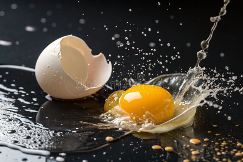 Dynamic Egg Yolk Splash A Closeup of a Cracked Egg with Vibrant Yellow Yolk and White in a Dark Setting - generated by ai vector illustration
